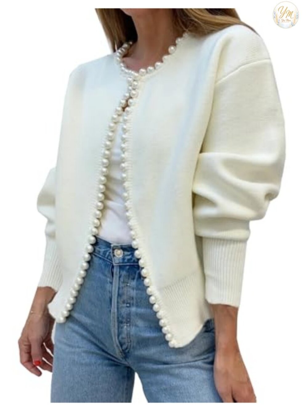 Womens Pearl Cardigan Long Sleeve Crew Neck Beaded Knit Sweater